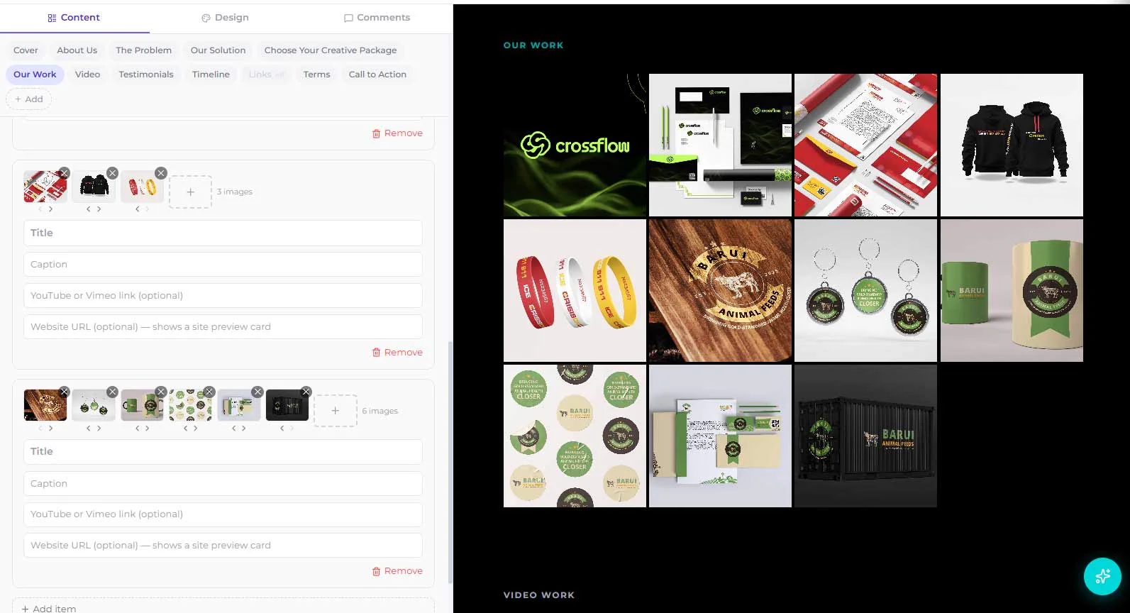 Poetry proposal builder: Our Work section showing portfolio images in the live preview