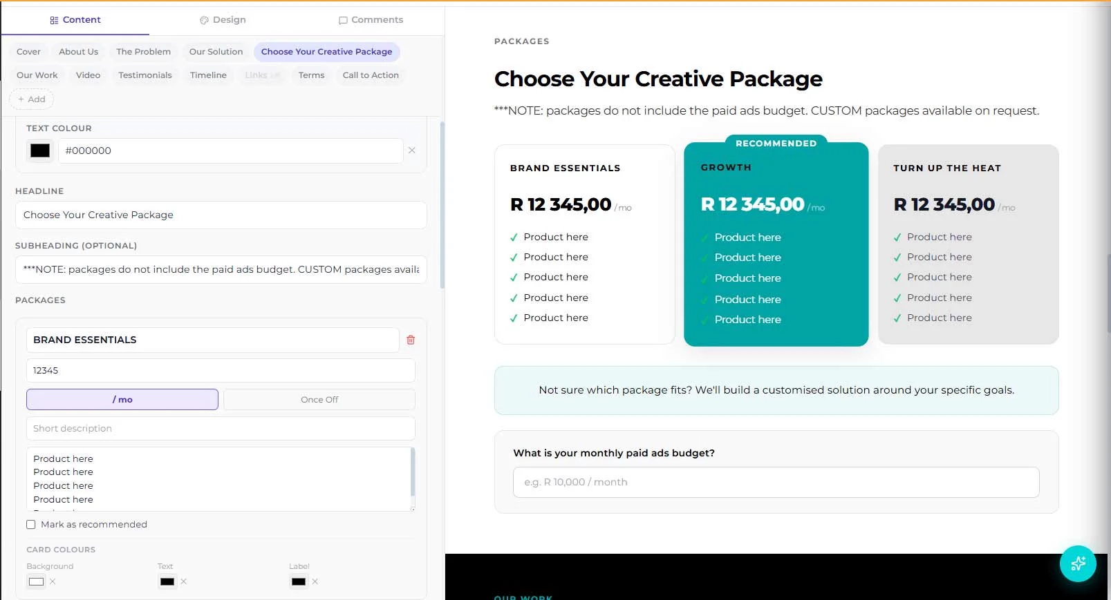 Poetry proposal builder: pricing packages section with three tiers shown in the live preview